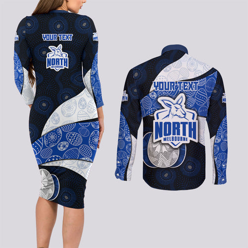 Personalized North Melbourne Football Couples Matching Long Sleeve Bodycon Dress and Long Sleeve Button Shirt Easter Egg Pattern Blue White Tribal Dot Art Style