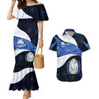 Personalized North Melbourne Football Couples Matching Mermaid Dress and Hawaiian Shirt Easter Egg Pattern Blue White Tribal Dot Art Style