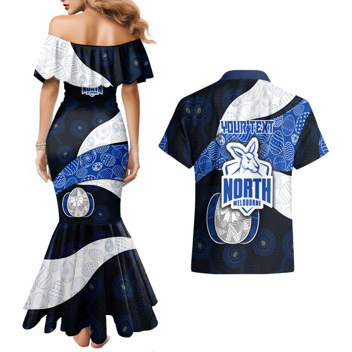 Personalized North Melbourne Football Couples Matching Mermaid Dress and Hawaiian Shirt Easter Egg Pattern Blue White Tribal Dot Art Style