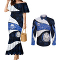 Personalized North Melbourne Football Couples Matching Mermaid Dress and Long Sleeve Button Shirt Easter Egg Pattern Blue White Tribal Dot Art Style
