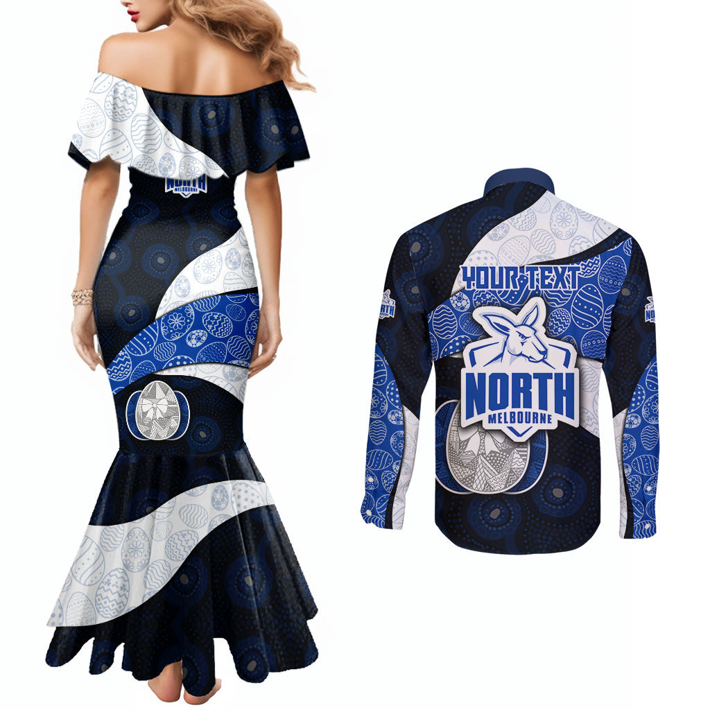 Personalized North Melbourne Football Couples Matching Mermaid Dress and Long Sleeve Button Shirt Easter Egg Pattern Blue White Tribal Dot Art Style