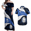 Personalized North Melbourne Football Couples Matching Off Shoulder Maxi Dress and Hawaiian Shirt Easter Egg Pattern Blue White Tribal Dot Art Style