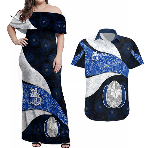 Personalized North Melbourne Football Couples Matching Off Shoulder Maxi Dress and Hawaiian Shirt Easter Egg Pattern Blue White Tribal Dot Art Style