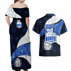 Personalized North Melbourne Football Couples Matching Off Shoulder Maxi Dress and Hawaiian Shirt Easter Egg Pattern Blue White Tribal Dot Art Style