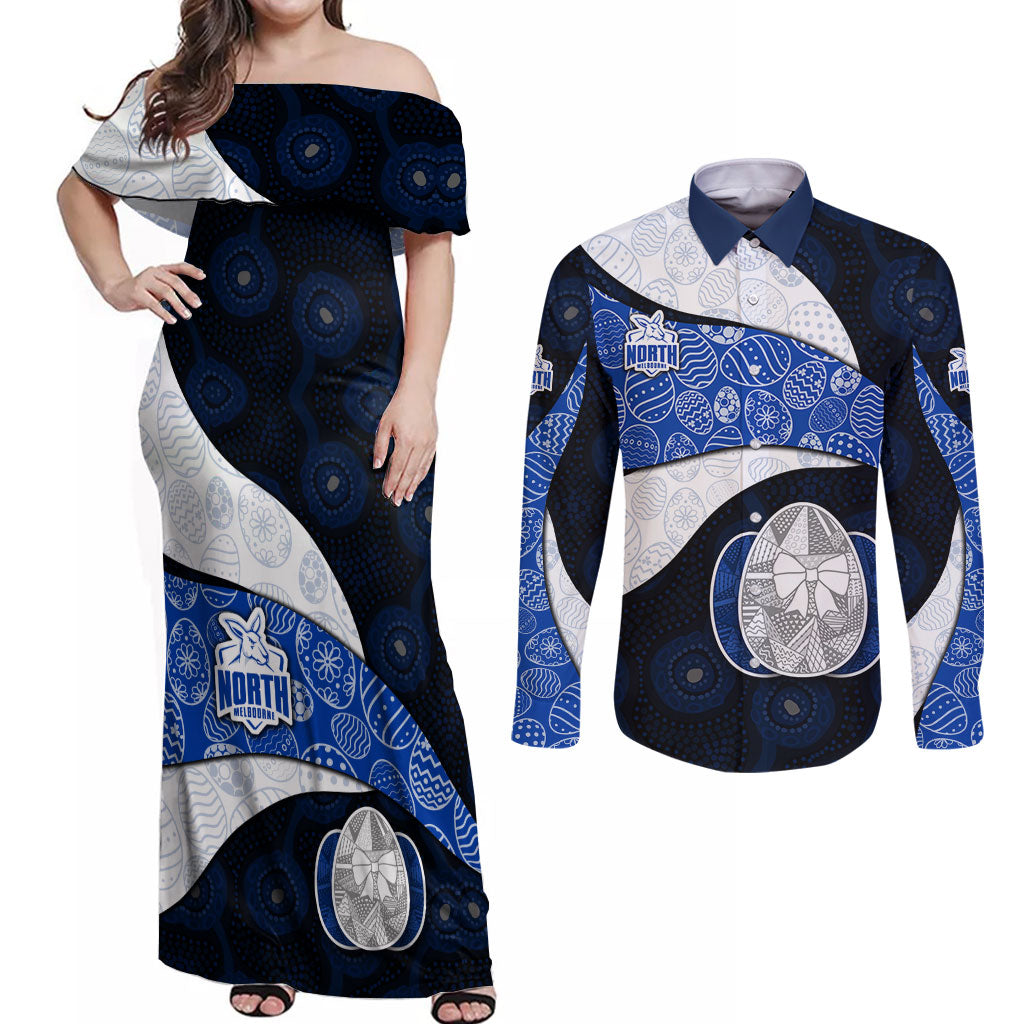 Personalized North Melbourne Football Couples Matching Off Shoulder Maxi Dress and Long Sleeve Button Shirt Easter Egg Pattern Blue White Tribal Dot Art Style