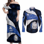 Personalized North Melbourne Football Couples Matching Off Shoulder Maxi Dress and Long Sleeve Button Shirt Easter Egg Pattern Blue White Tribal Dot Art Style