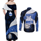 Personalized North Melbourne Football Couples Matching Off Shoulder Maxi Dress and Long Sleeve Button Shirt Easter Egg Pattern Blue White Tribal Dot Art Style
