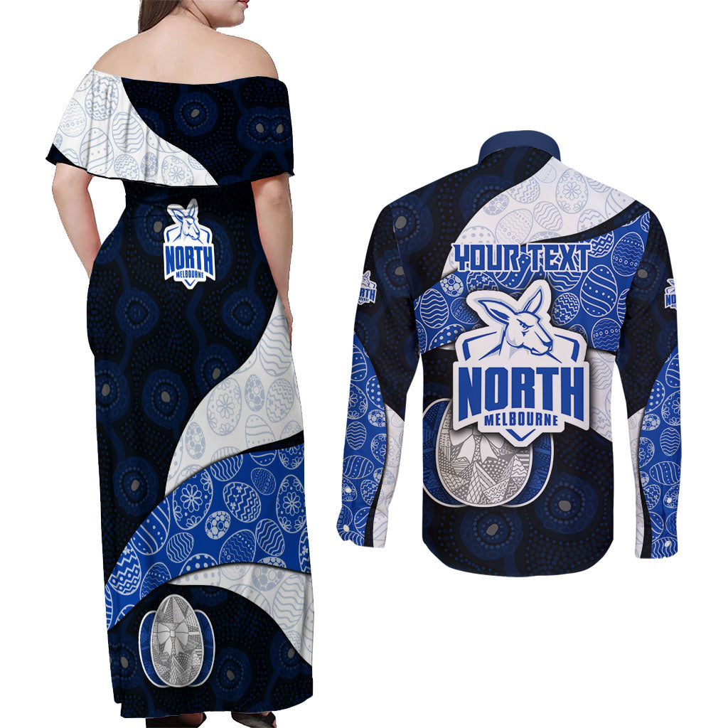 Personalized North Melbourne Football Couples Matching Off Shoulder Maxi Dress and Long Sleeve Button Shirt Easter Egg Pattern Blue White Tribal Dot Art Style