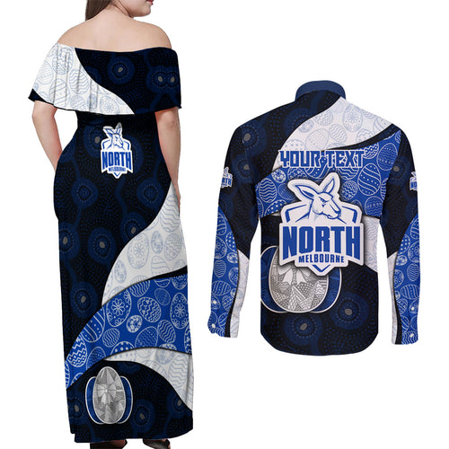 Personalized North Melbourne Football Couples Matching Off Shoulder Maxi Dress and Long Sleeve Button Shirt Easter Egg Pattern Blue White Tribal Dot Art Style