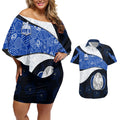 Personalized North Melbourne Football Couples Matching Off Shoulder Short Dress and Hawaiian Shirt Easter Egg Pattern Blue White Tribal Dot Art Style