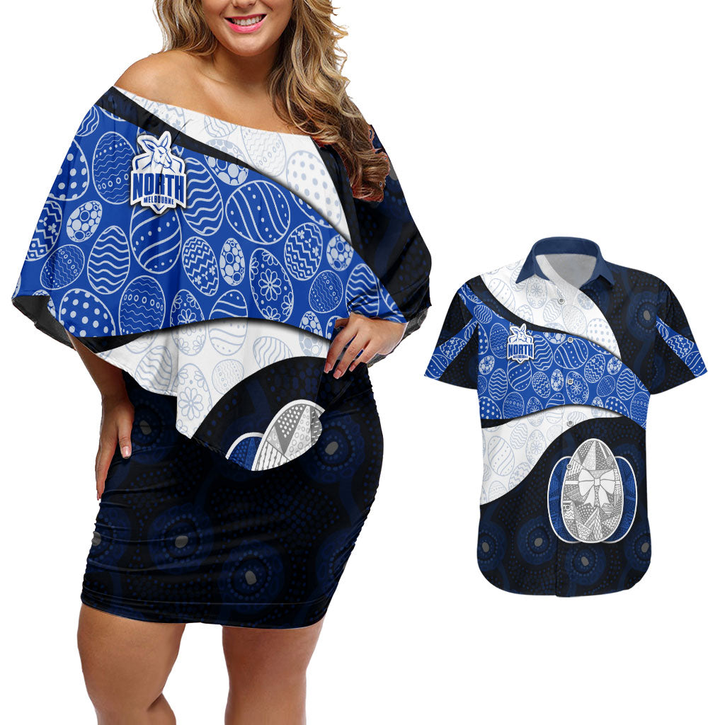 Personalized North Melbourne Football Couples Matching Off Shoulder Short Dress and Hawaiian Shirt Easter Egg Pattern Blue White Tribal Dot Art Style