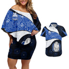 Personalized North Melbourne Football Couples Matching Off Shoulder Short Dress and Hawaiian Shirt Easter Egg Pattern Blue White Tribal Dot Art Style