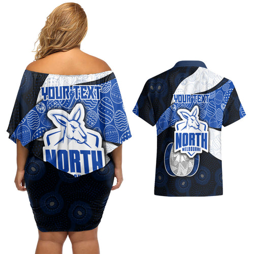 Personalized North Melbourne Football Couples Matching Off Shoulder Short Dress and Hawaiian Shirt Easter Egg Pattern Blue White Tribal Dot Art Style
