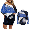 Personalized North Melbourne Football Couples Matching Off Shoulder Short Dress and Long Sleeve Button Shirt Easter Egg Pattern Blue White Tribal Dot Art Style
