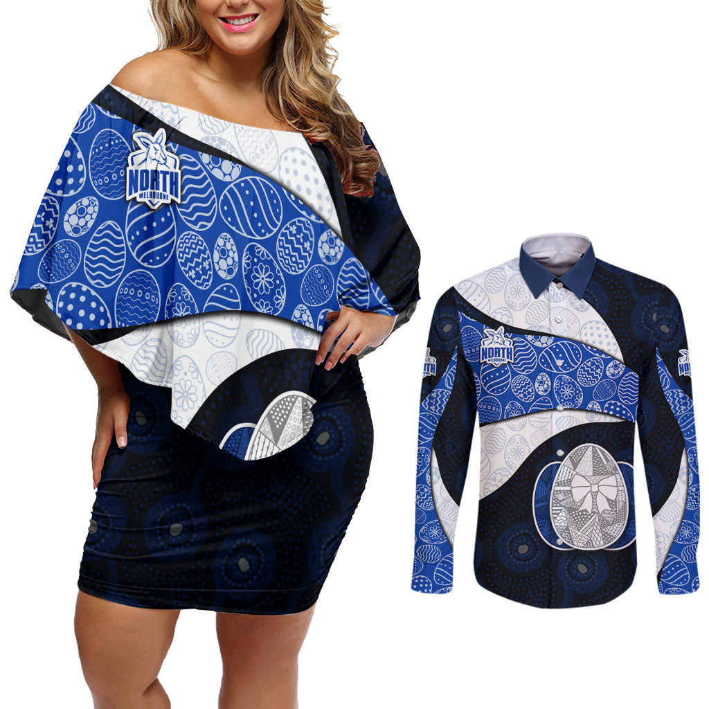 Personalized North Melbourne Football Couples Matching Off Shoulder Short Dress and Long Sleeve Button Shirt Easter Egg Pattern Blue White Tribal Dot Art Style