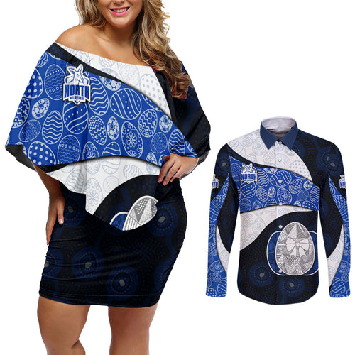 Personalized North Melbourne Football Couples Matching Off Shoulder Short Dress and Long Sleeve Button Shirt Easter Egg Pattern Blue White Tribal Dot Art Style