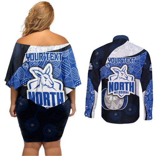 Personalized North Melbourne Football Couples Matching Off Shoulder Short Dress and Long Sleeve Button Shirt Easter Egg Pattern Blue White Tribal Dot Art Style