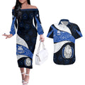 Personalized North Melbourne Football Couples Matching Off The Shoulder Long Sleeve Dress and Hawaiian Shirt Easter Egg Pattern Blue White Tribal Dot Art Style