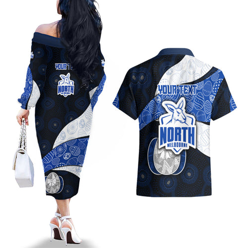 Personalized North Melbourne Football Couples Matching Off The Shoulder Long Sleeve Dress and Hawaiian Shirt Easter Egg Pattern Blue White Tribal Dot Art Style