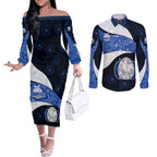 Personalized North Melbourne Football Couples Matching Off The Shoulder Long Sleeve Dress and Long Sleeve Button Shirt Easter Egg Pattern Blue White Tribal Dot Art Style