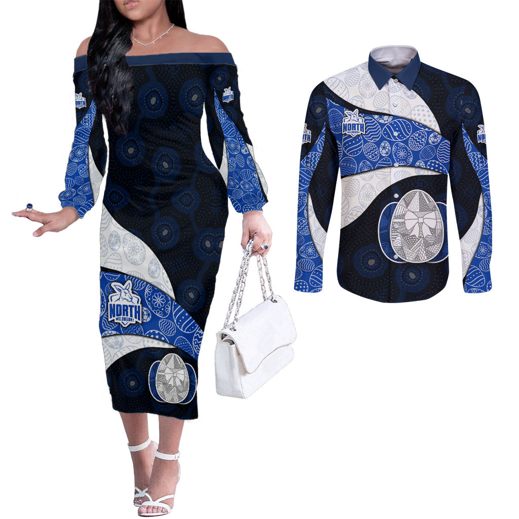 Personalized North Melbourne Football Couples Matching Off The Shoulder Long Sleeve Dress and Long Sleeve Button Shirt Easter Egg Pattern Blue White Tribal Dot Art Style