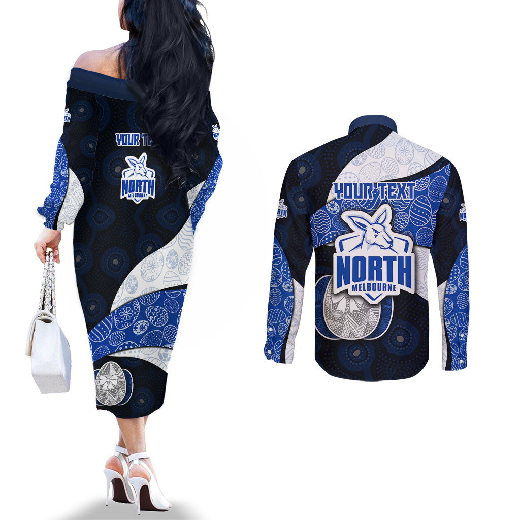 Personalized North Melbourne Football Couples Matching Off The Shoulder Long Sleeve Dress and Long Sleeve Button Shirt Easter Egg Pattern Blue White Tribal Dot Art Style