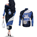 Personalized North Melbourne Football Couples Matching Off The Shoulder Long Sleeve Dress and Long Sleeve Button Shirt Easter Egg Pattern Blue White Tribal Dot Art Style