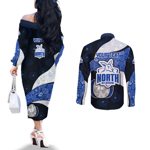 Personalized North Melbourne Football Couples Matching Off The Shoulder Long Sleeve Dress and Long Sleeve Button Shirt Easter Egg Pattern Blue White Tribal Dot Art Style