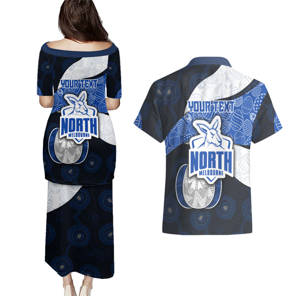 Personalized North Melbourne Football Couples Matching Puletasi and Hawaiian Shirt Easter Egg Pattern Blue White Tribal Dot Art Style