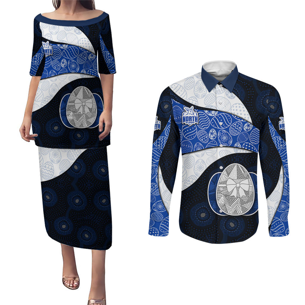 Personalized North Melbourne Football Couples Matching Puletasi and Long Sleeve Button Shirt Easter Egg Pattern Blue White Tribal Dot Art Style