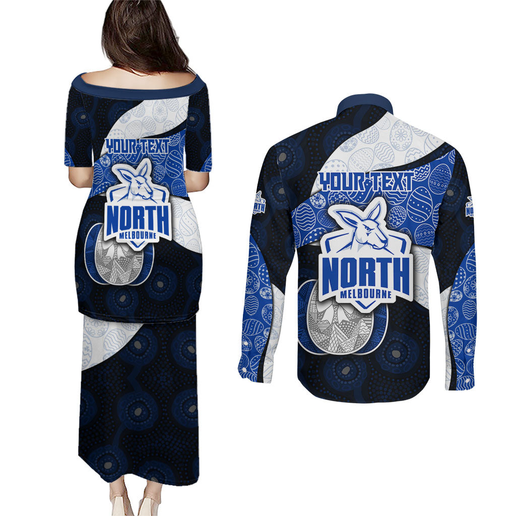 Personalized North Melbourne Football Couples Matching Puletasi and Long Sleeve Button Shirt Easter Egg Pattern Blue White Tribal Dot Art Style