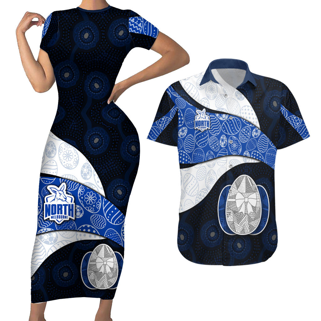 Personalized North Melbourne Football Couples Matching Short Sleeve Bodycon Dress and Hawaiian Shirt Easter Egg Pattern Blue White Tribal Dot Art Style