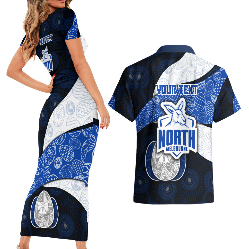 Personalized North Melbourne Football Couples Matching Short Sleeve Bodycon Dress and Hawaiian Shirt Easter Egg Pattern Blue White Tribal Dot Art Style