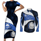 Personalized North Melbourne Football Couples Matching Short Sleeve Bodycon Dress and Long Sleeve Button Shirt Easter Egg Pattern Blue White Tribal Dot Art Style