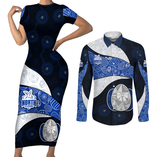 Personalized North Melbourne Football Couples Matching Short Sleeve Bodycon Dress and Long Sleeve Button Shirt Easter Egg Pattern Blue White Tribal Dot Art Style
