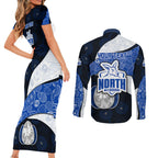 Personalized North Melbourne Football Couples Matching Short Sleeve Bodycon Dress and Long Sleeve Button Shirt Easter Egg Pattern Blue White Tribal Dot Art Style