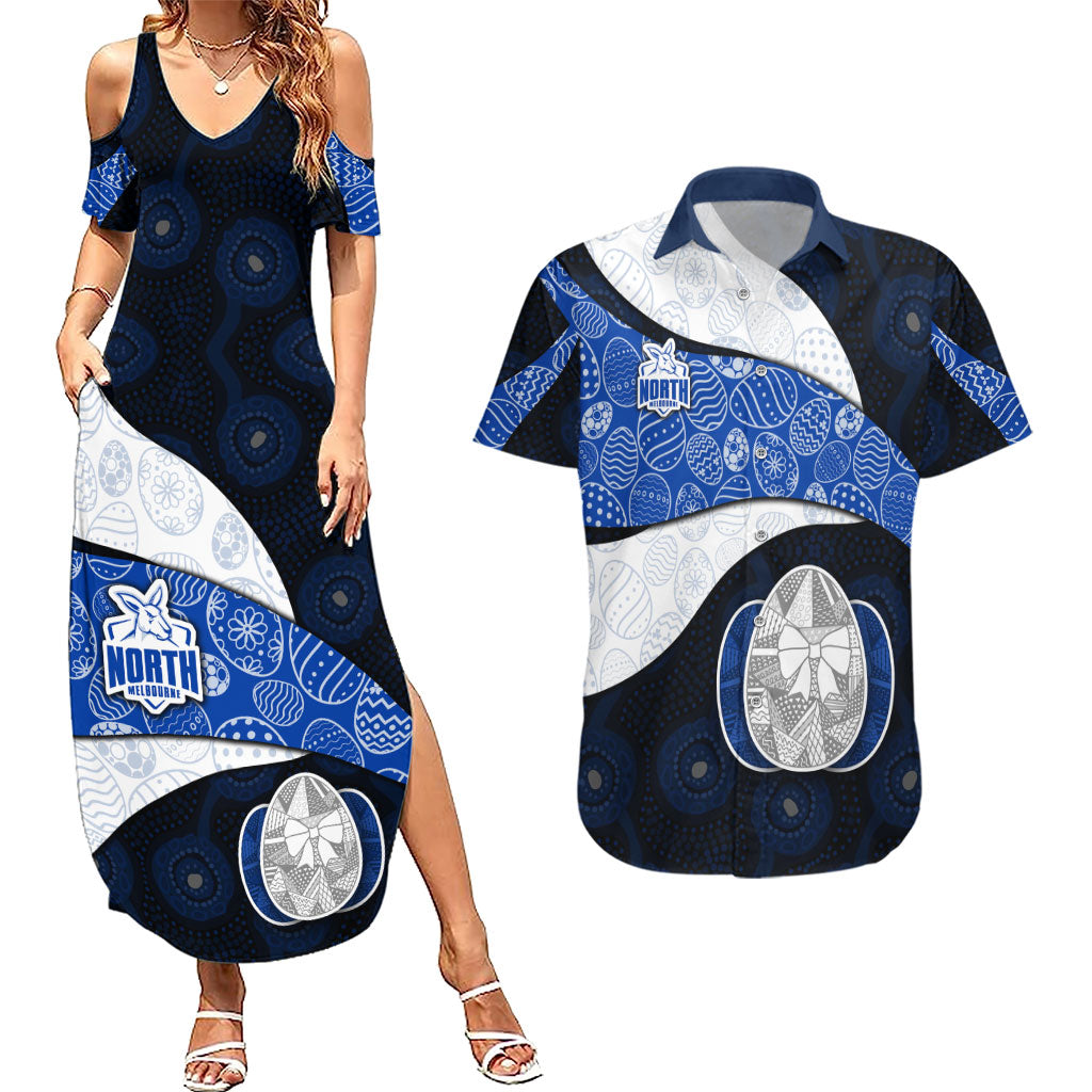 Personalized North Melbourne Football Couples Matching Summer Maxi Dress and Hawaiian Shirt Easter Egg Pattern Blue White Tribal Dot Art Style