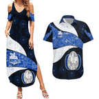 Personalized North Melbourne Football Couples Matching Summer Maxi Dress and Hawaiian Shirt Easter Egg Pattern Blue White Tribal Dot Art Style