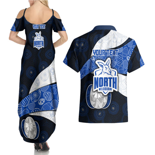 Personalized North Melbourne Football Couples Matching Summer Maxi Dress and Hawaiian Shirt Easter Egg Pattern Blue White Tribal Dot Art Style