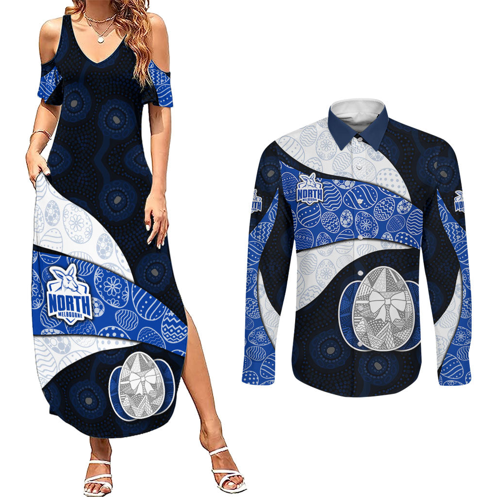 Personalized North Melbourne Football Couples Matching Summer Maxi Dress and Long Sleeve Button Shirt Easter Egg Pattern Blue White Tribal Dot Art Style