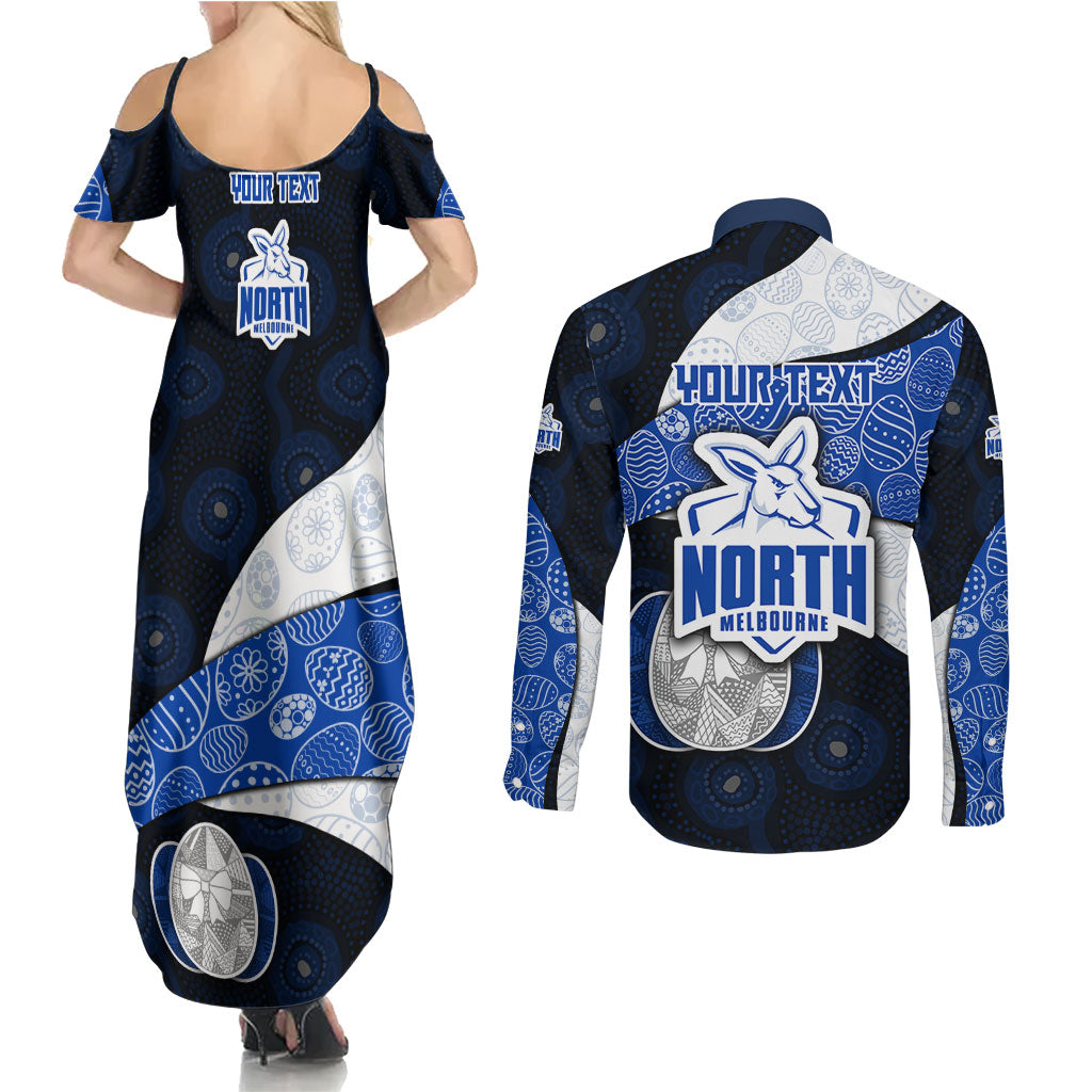 Personalized North Melbourne Football Couples Matching Summer Maxi Dress and Long Sleeve Button Shirt Easter Egg Pattern Blue White Tribal Dot Art Style