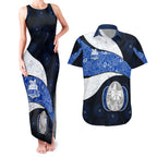 Personalized North Melbourne Football Couples Matching Tank Maxi Dress and Hawaiian Shirt Easter Egg Pattern Blue White Tribal Dot Art Style