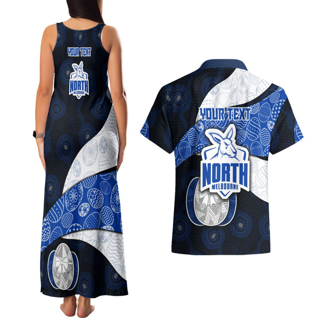 Personalized North Melbourne Football Couples Matching Tank Maxi Dress and Hawaiian Shirt Easter Egg Pattern Blue White Tribal Dot Art Style