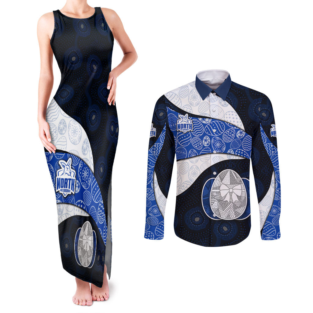 Personalized North Melbourne Football Couples Matching Tank Maxi Dress and Long Sleeve Button Shirt Easter Egg Pattern Blue White Tribal Dot Art Style