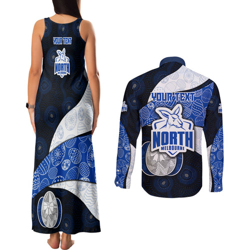 Personalized North Melbourne Football Couples Matching Tank Maxi Dress and Long Sleeve Button Shirt Easter Egg Pattern Blue White Tribal Dot Art Style