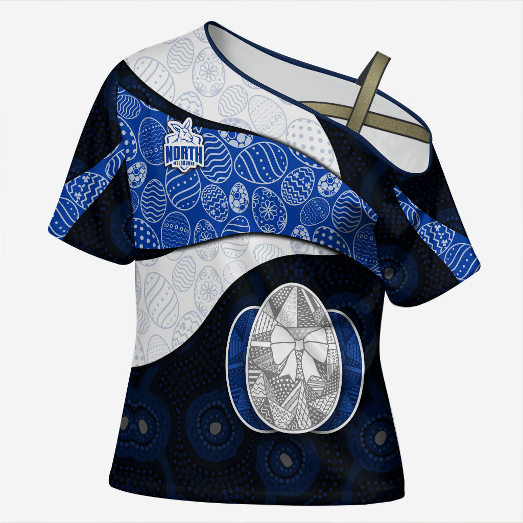 Personalized North Melbourne Football Cross Shoulder Shirt Easter Egg Pattern Blue White Tribal Dot Art Style