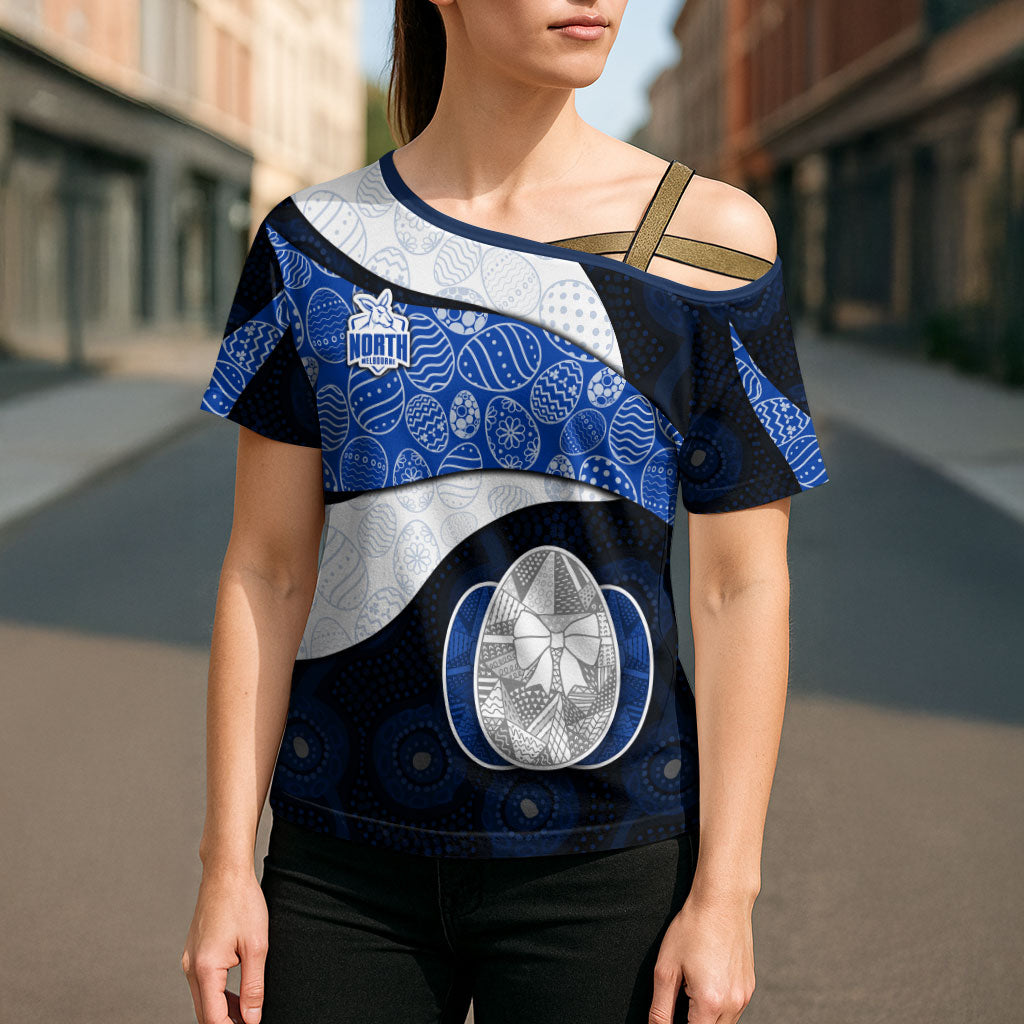Personalized North Melbourne Football Cross Shoulder Shirt Easter Egg Pattern Blue White Tribal Dot Art Style