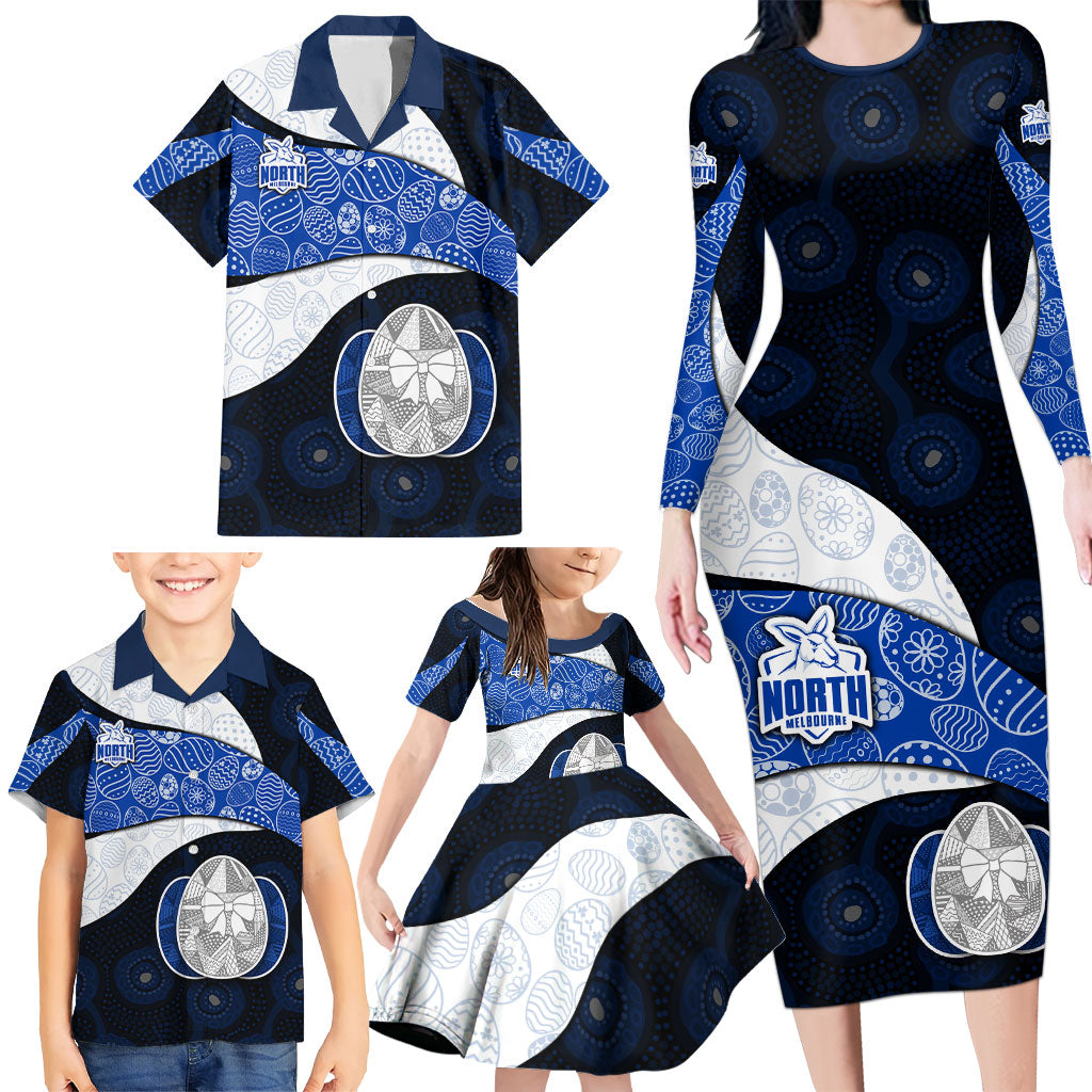 Personalized North Melbourne Football Family Matching Long Sleeve Bodycon Dress and Hawaiian Shirt Easter Egg Pattern Blue White Tribal Dot Art Style