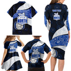 Personalized North Melbourne Football Family Matching Long Sleeve Bodycon Dress and Hawaiian Shirt Easter Egg Pattern Blue White Tribal Dot Art Style