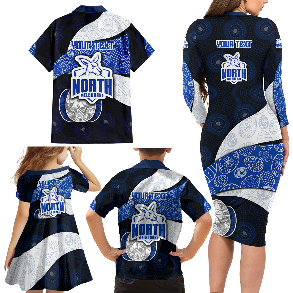Personalized North Melbourne Football Family Matching Long Sleeve Bodycon Dress and Hawaiian Shirt Easter Egg Pattern Blue White Tribal Dot Art Style